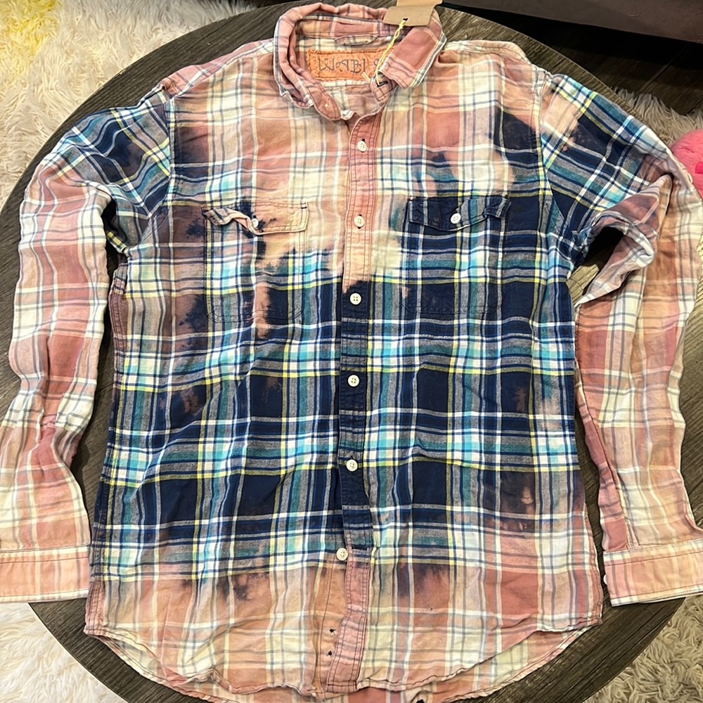 Bleached up cycled plaid cotton button up shirt